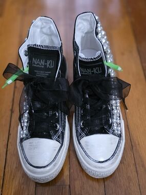 NAN-KU Couture Black Pearl-Embellished High-Top Sneakers New Without Boc